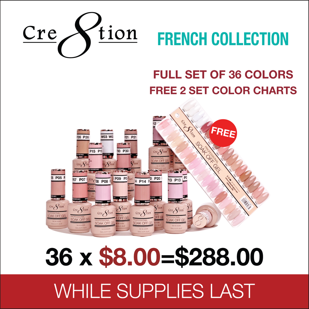 Cre8tion - Soak Off Gel French 0.5oz - Full Set 36 Colors Collection- $7.00/each