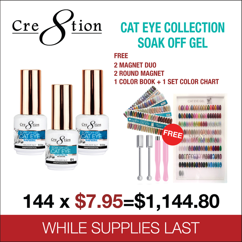 Cre8tion Cat Eye Soak Off Gel 0.5oz - Full Set 144 Colors W/ 2 Round Shape Magnet, 2 Magnet Duo & 1 set Color Chart