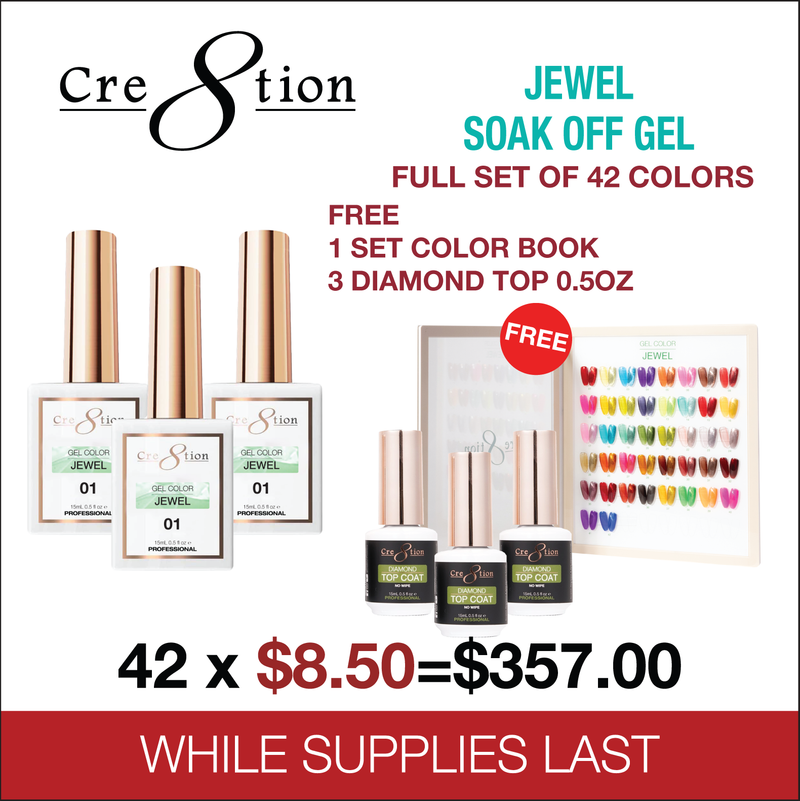 Cre8tion Jewel Collection Gel 0.5oz - Full Set 42 colors w/ 3 Top Diamond 0.5oz & 1 Color Chart