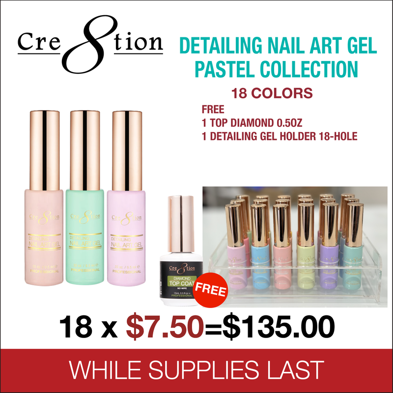 Cre8tion Detailing Nail Art Gel Pastel Collection - Full Set 18 Colors - FREE 1 Diamond Top 0.5oz - 1 Detailing Gel Holder 18 Hole