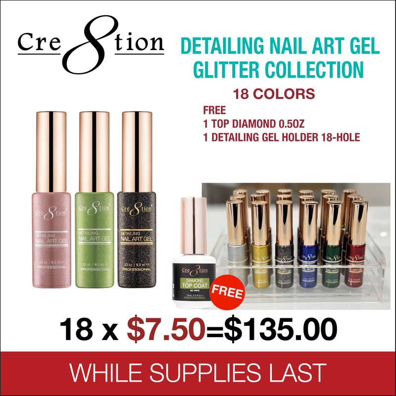 Cre8tion Detailing Nail Art Gel Glitter Collection - Full Set 18 Colors - FREE 1 Diamond Top 0.5oz - 1 Detailing Gel Holder 18 Hole