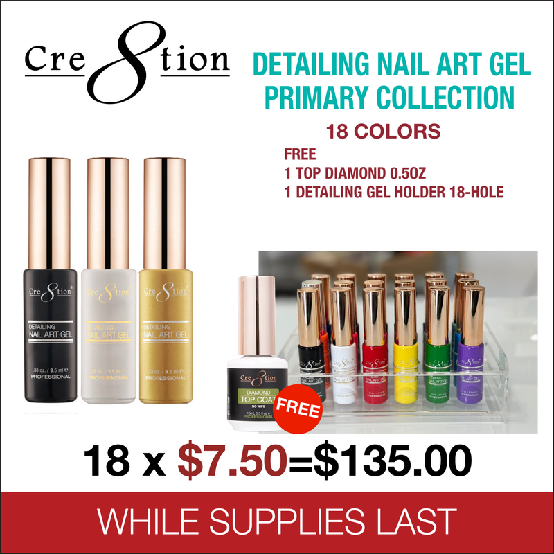 Cre8tion Detailing Nail Art Gel Primary Collection - Full Set 18 Colors - FREE 1 Diamond Top 0.5oz - 1 Detailing Gel Holder 18 Hole