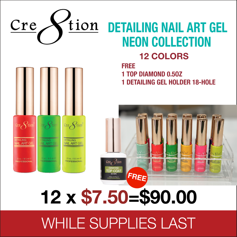 Cre8tion Detailing Nail Art Gel Neon Collection - Full Set 12 Colors - FREE 1 Diamond Top 0.5oz - 1 Detailing Gel Holder 18 Hole