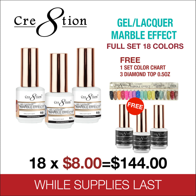 Cre8tion Gel/Lacquer Marble Effect Full Set 18 Colors - FREE 1 Set Color Chart - 3 Diamond Top 0.5oz