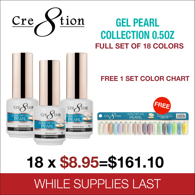 Cre8tion Gel Pearl Collection 0.5oz - Full Set 18 Colors - FREE 1 Set Color Chart