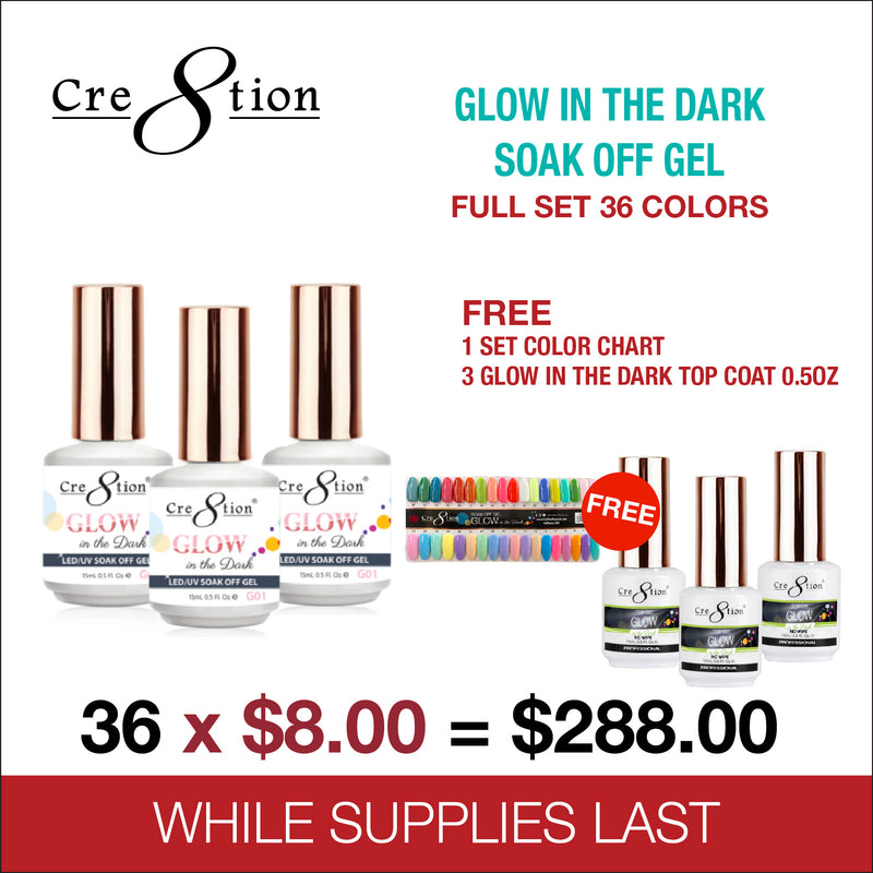 Cre8tion - Glow In The Dark Soak Off Gel Full Set - 36 Colors Collection - $8.00/each