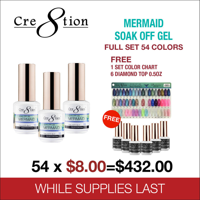 Cre8tion Mermaid Soak Off Gel - Full Set 54 Colors - FREE 1 Set Color Chart - 6 Diamond Top 0.5oz