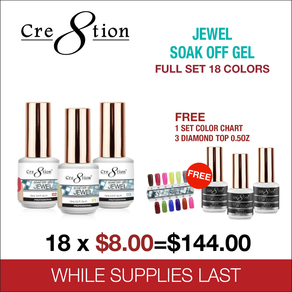 Cre8tion Jewel Soak Off Gel 0.5 oz - Full set - 18 Colors Collection - $8.00/each