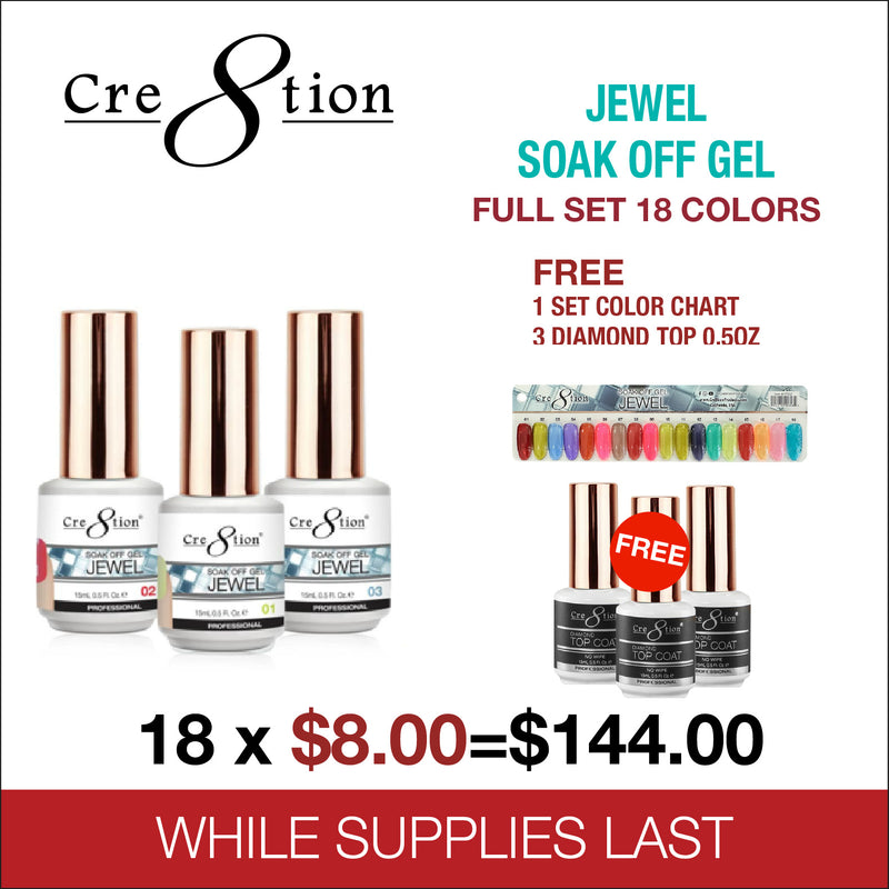 Cre8tion Jewel Soak Off Gel - Full Set 18 Colors - FREE 1 Set Color Chart - 3 Diamond Top 0.5oz