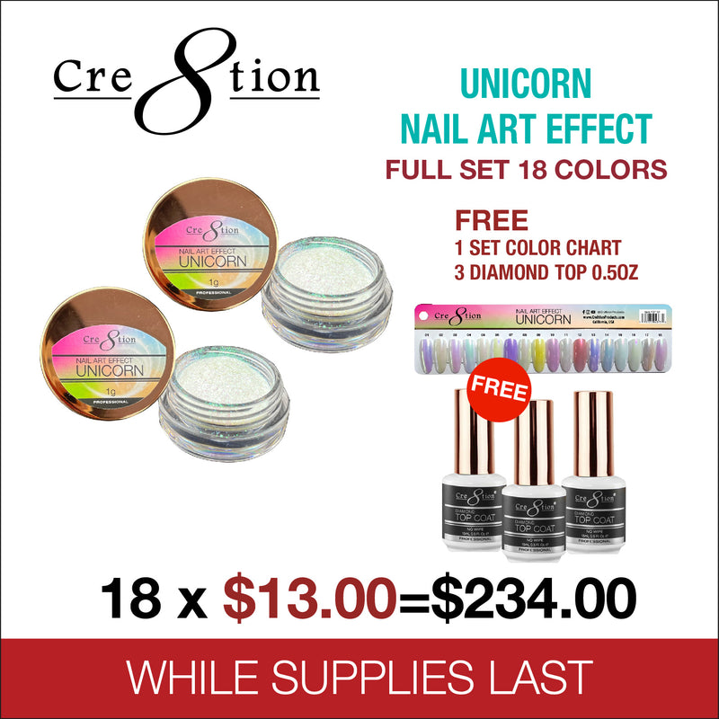 Cre8tion Unicorn Nail Art Effect - Full Set 18 Colors - FREE 1 Set Color Chart - 3 Diamond Top 0.5oz