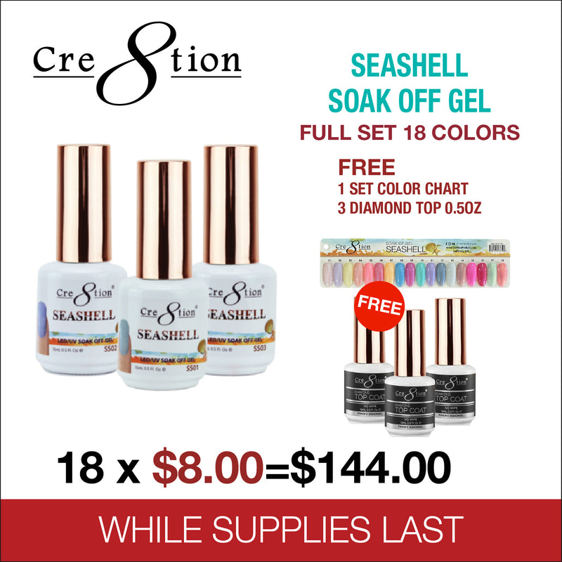 Cre8tion Seashell Soak off Gel - Full Set 18 Colors - FREE 1 Set Color Chart - 3 Diamond Top 0.5oz