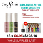 Cre8tion Detailing Nail Art Gel Glitter Collection - Full Set 18 Colors - FREE 1 Diamond Top 0.5oz - 1 Detailing Gel Holder 18 Hole