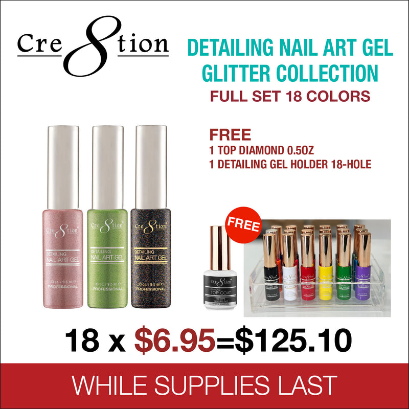 Cre8tion Detailing Nail Art Gel Glitter Collection - Full Set 18 Colors - FREE 1 Diamond Top 0.5oz - 1 Detailing Gel Holder 18 Hole