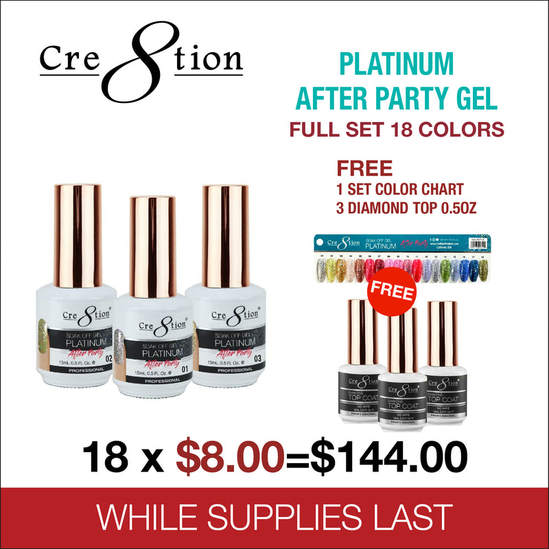 Cre8tion Platinum After Party Gel  - Full Set 18 Colors - FREE 1 Set Color Chart - 3 Diamond Top 0.5oz