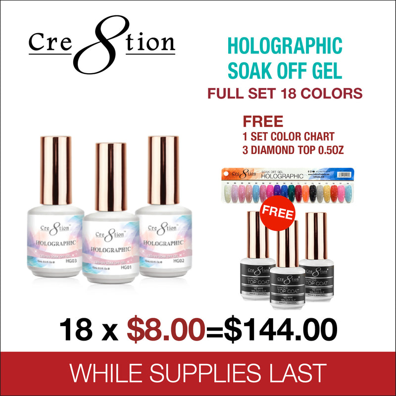Cre8tion - Holographic Soak Off Gel Full Set 18 Colors Collection - FREE 1 Set Color Chart - 3 Diamond Top 0.5oz