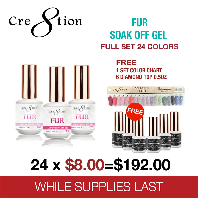 Cre8tion - Fur Soak Off Gel Full Set 24 Colors Collection - FREE 1 Set Color Chart - 6 Diamond Top 0.5oz