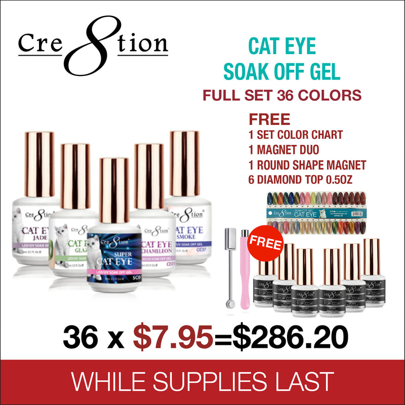 Cre8tion - Cat Eye Soak Off Gel Full Set 36 Colors Collection - FREE 1 Set Color Chart - 6 Diamond Top 0.5oz - 1 Magnet Duo - 1 Round Shape Magnet