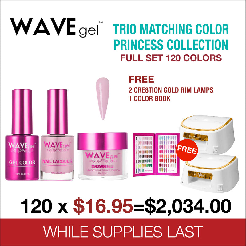 WaveGel Trio Matching Colors - Princess Collection - Full set 120 Colors - Free 2 Gold Rim Lamps Cre8tion - 1 Color Book