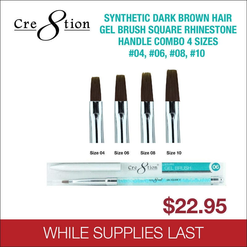 (Bonus Combo) Cre8tion Dark Brown Hair Gel Brush Square Rhinestone Handle Combo 4 Sizes #04, #06, #08, #10