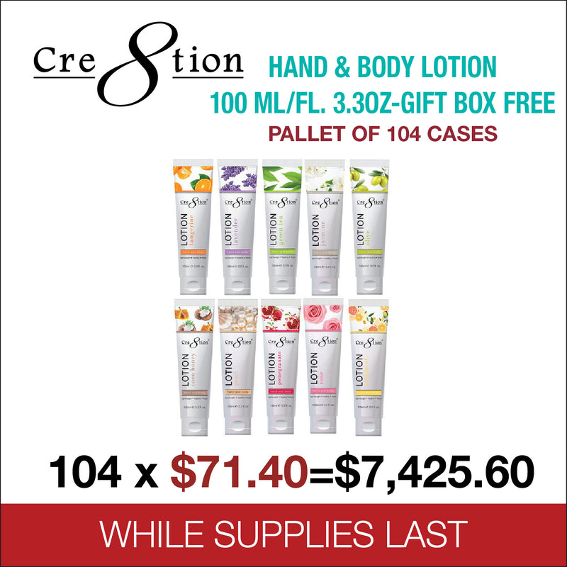 Cre8tion Hand & Body Lotion 100ml/fl. 3.3oz - Gift Box Free - Pallet Of 104 Cases
