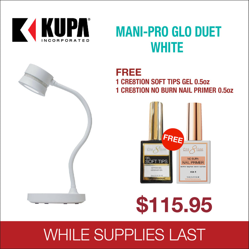 Kupa Mani - Pro Glo Duet White - FREE 1 Cre8tion Soft Tips Gel 0.5oz - 1 Cre8tion No Burn Nail Primer 0.50z