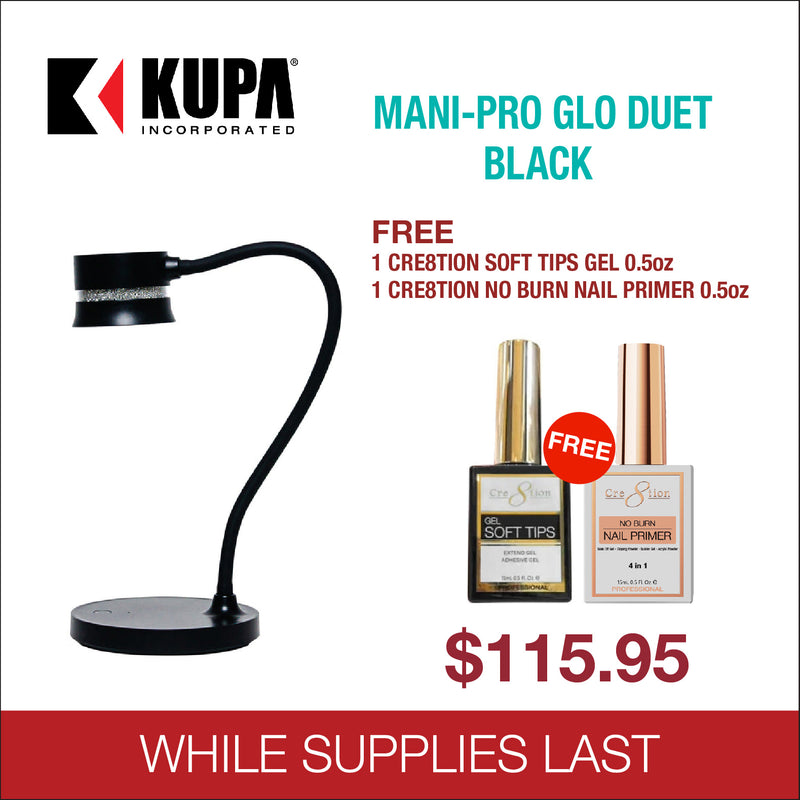 Kupa Mani - Pro Glo Duet Black - FREE 1 Cre8tion Soft Tips Gel 0.5oz - 1 Cre8tion No Burn Nail Primer 0.50z