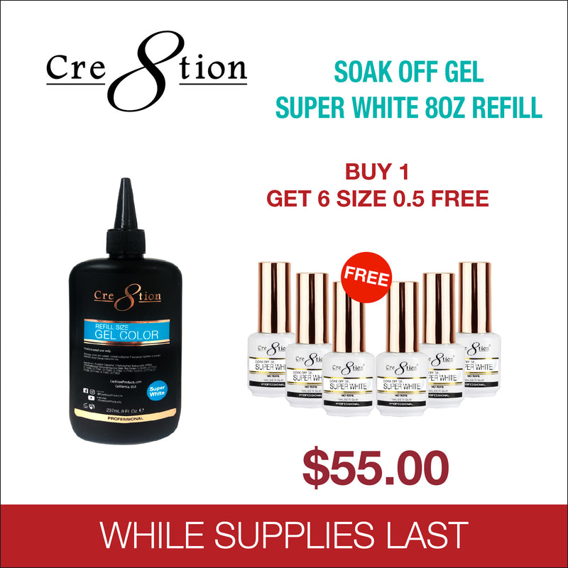 Cre8tion Soak Off Gel Super White 8oz Refill - Buy 1 Get 6 Size 0.5oz Free