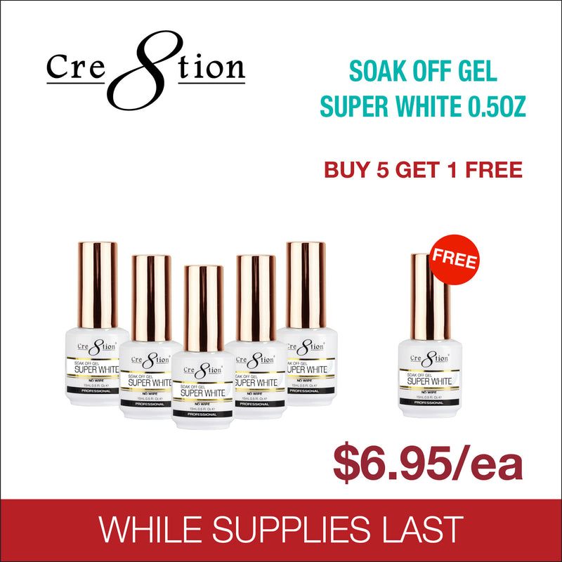 Cre8tion Soak Off Gel Super White 0.5oz - Buy 5 Get 1 Free