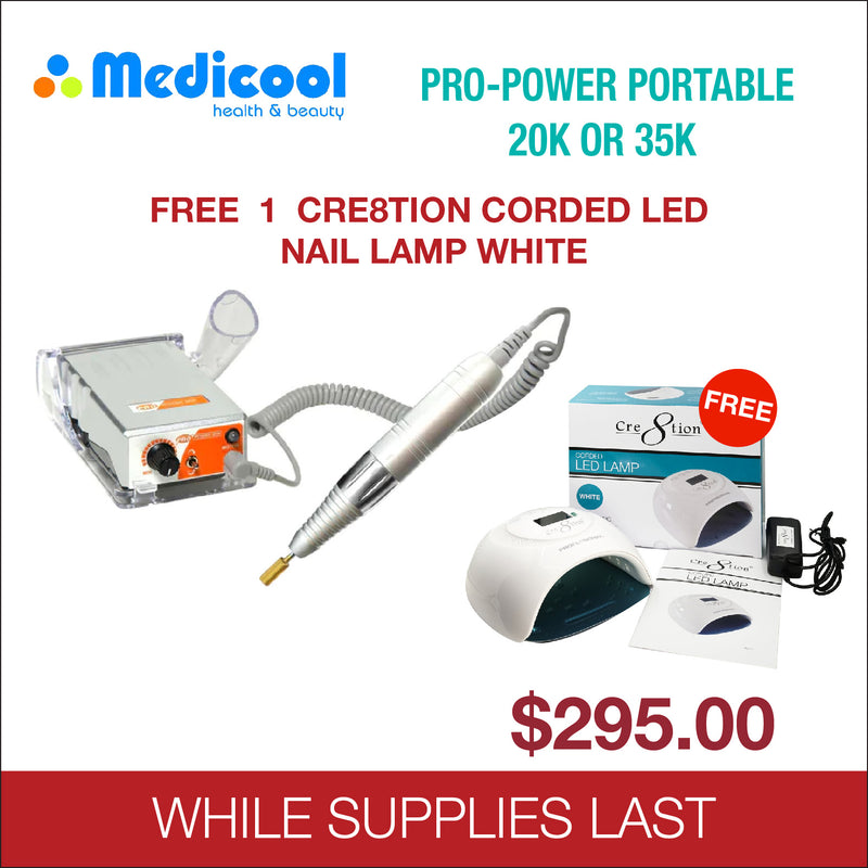Medicool Pro-Power Portable 20K Or 35K - FREE 1 Cre8tion Corded Led Nail Lamp White