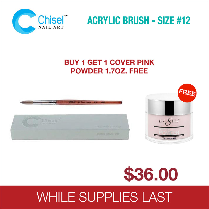 Chisel Acrylic Brush - Size #12 - Buy 1 Get 1 Acrylic Powder Cover Pink 1.7oz Free