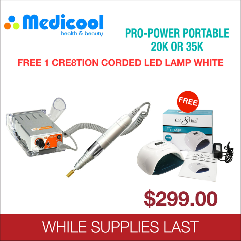 Medicool Pro-Power Portable 20K Or 35K - FREE 1 Cre8tion Corded Led Nail Lamp White