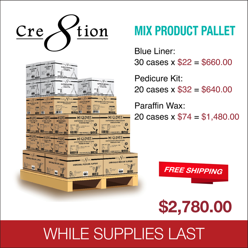Cre8tion - Mix Product Pallet : 30 case Blue Liner, 20 case Pedicure Kit A, 20 case Paraffin Wax
