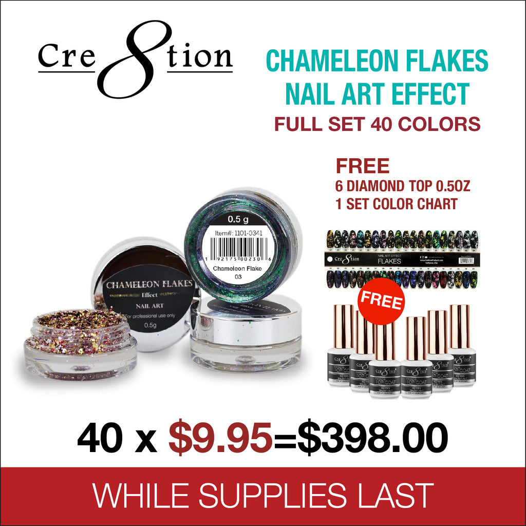 Cre8tion - Chameleon Flakes Nail Art Effect Full Set 40 Colors - FREE 6 Diamond Top 0.5oz - 1 Set Color Chart