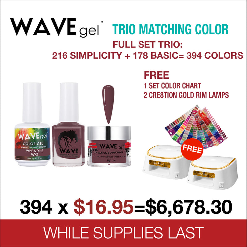 WaveGel Trio Matching Colors - Simplicity Full set Trio 216 Colors + 178 Basic = 394 Colors - FREE 1 Set Color Chart - 2 Cre8tion Gold Rim Lamps