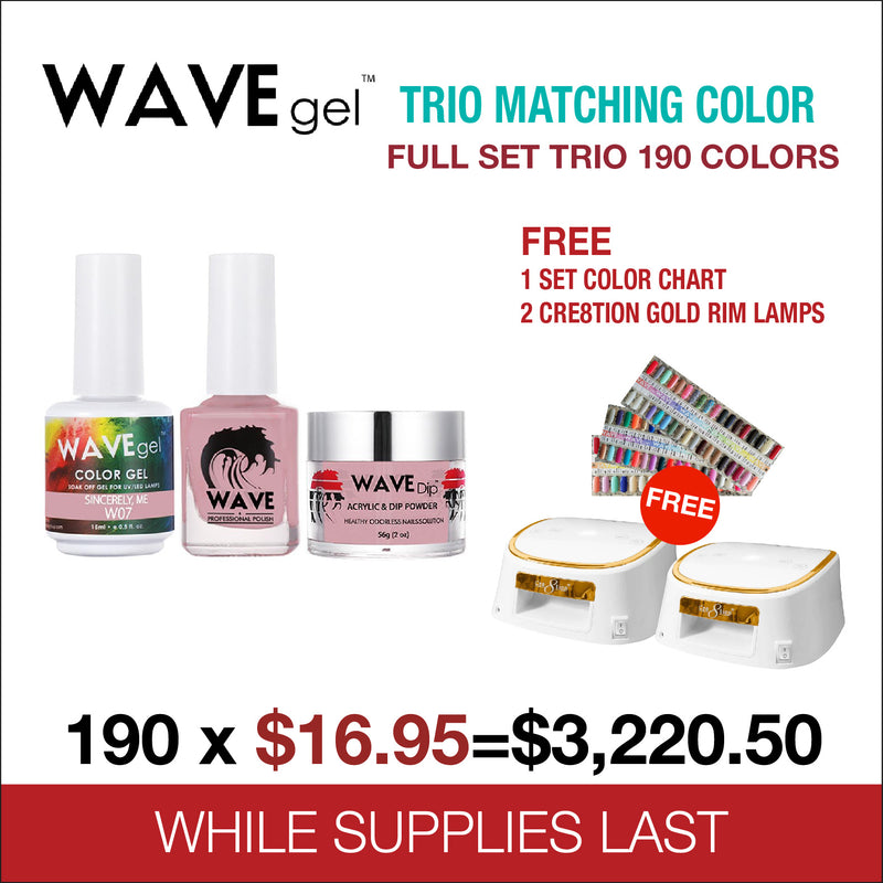 WaveGel Trio Matching Colors - Full set 190 Colors  - FREE 1 Set Color Chart - 2 Cre8tion Gold Rim Lamps
