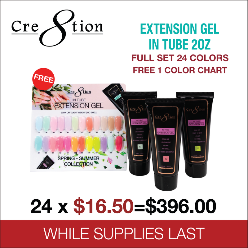 Cre8tion Poly Gel-Extension Gel In Tube 2oz - Spring - Summer Collection - Full Set 24 colors (37-60) w/ 1 Set Color Chart
