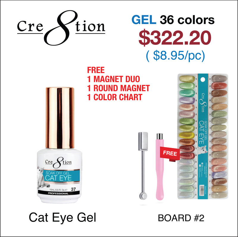 Cre8tion Cat Eye Soak Off Gel 0.5oz - 36 New Colors (#37 - #72) Free 1 Round Shape Magnet, 1 Magnet Duo & 1 Set Color Chart