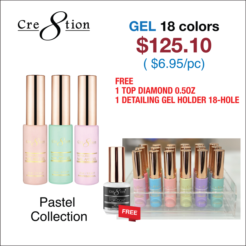 Cre8tion Detailing Nail Art Gel Pastel Collection - Full Set 18 Colors - FREE 1 Diamond Top 0.5oz - 1 Detailing Gel Holder 18 Hole