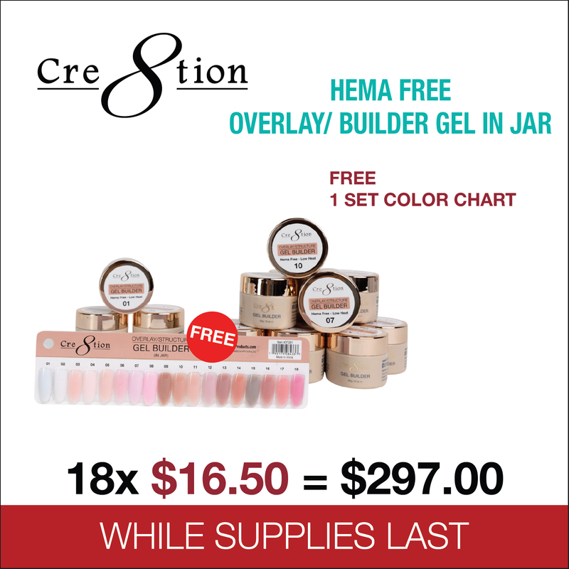 Cre8tion Gel Collection - Hema Free - Low Heat - Overlay/Builder Gel in Jar 1oz - Full Set 18 Colors w/ 1 Color Chart
