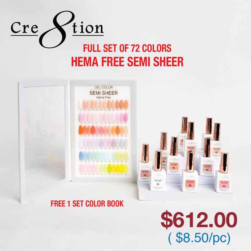 Cre8tion Hema Free Semi-Sheer Collection 0.5oz - Full Set 72 Colors with Color Book