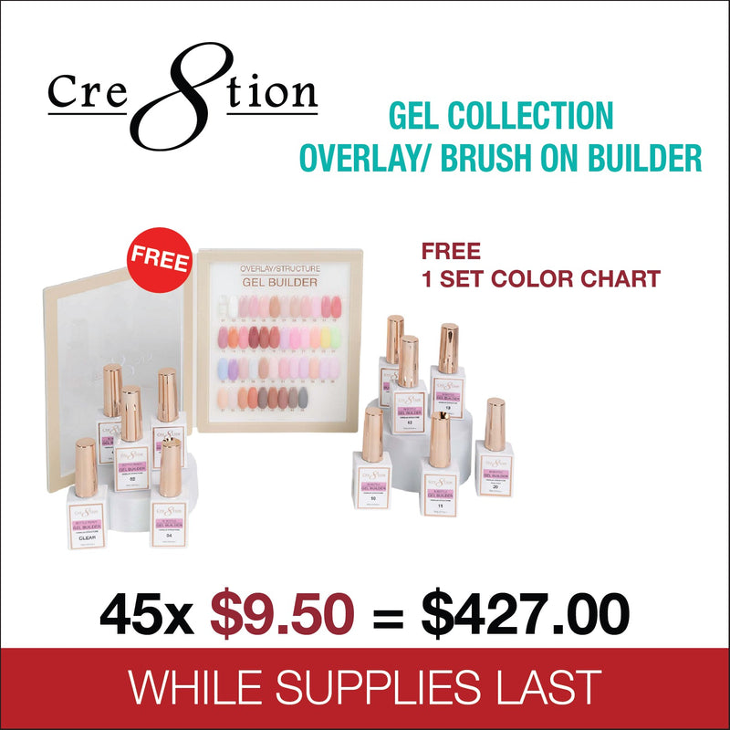 Cre8tion Gel Collection - Overlay/ Brush on Builder 0.5oz - Full Set 45 Colors w/ 1 Color Chart