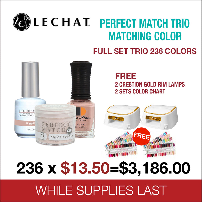 Lechat Perfect Match Trio Matching color - Full set 236 colors FREE 2 sets Color Chart & 2 Cre8tion White with Gold Rim Lamps