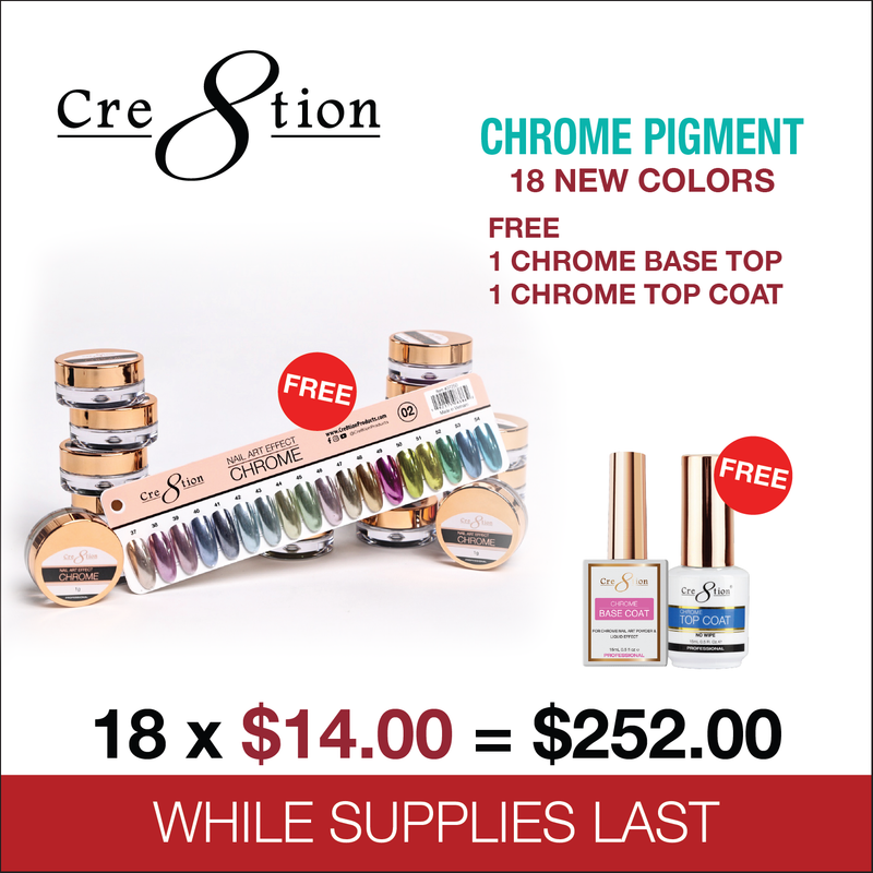 Cre8tion Chrome Nail Art Effect 1g - Full set 18 NEW colors w/ 3 Top Diamond 0.5oz & 1 set Color Chart