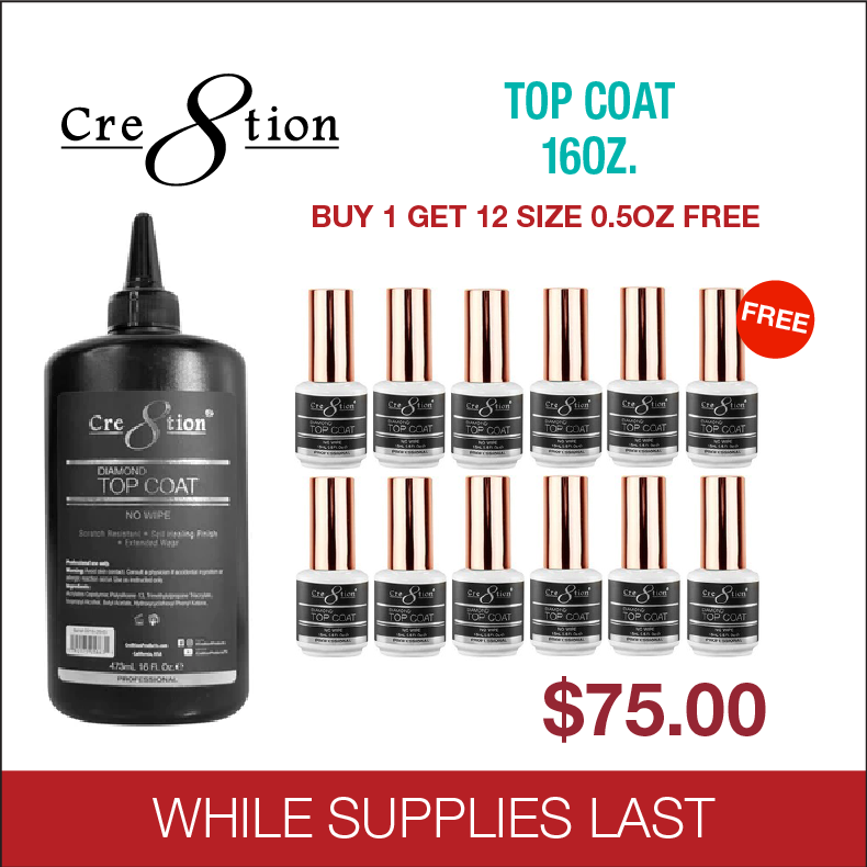 Cre8tion Gel Diamond No Wipe Top Coat 16oz Refill - Buy 1 Get 12 Size 0.5oz Free