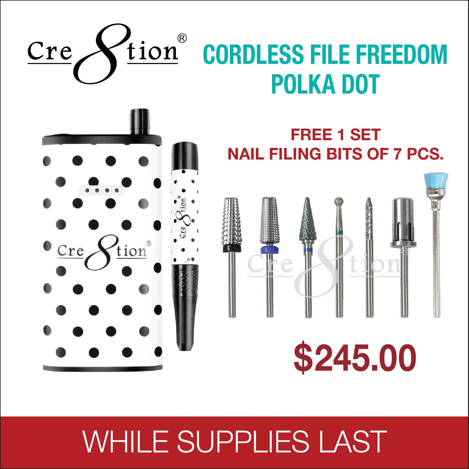Cre8tion Cordless File Freedom Polka Dot – Skylark Nail Supply