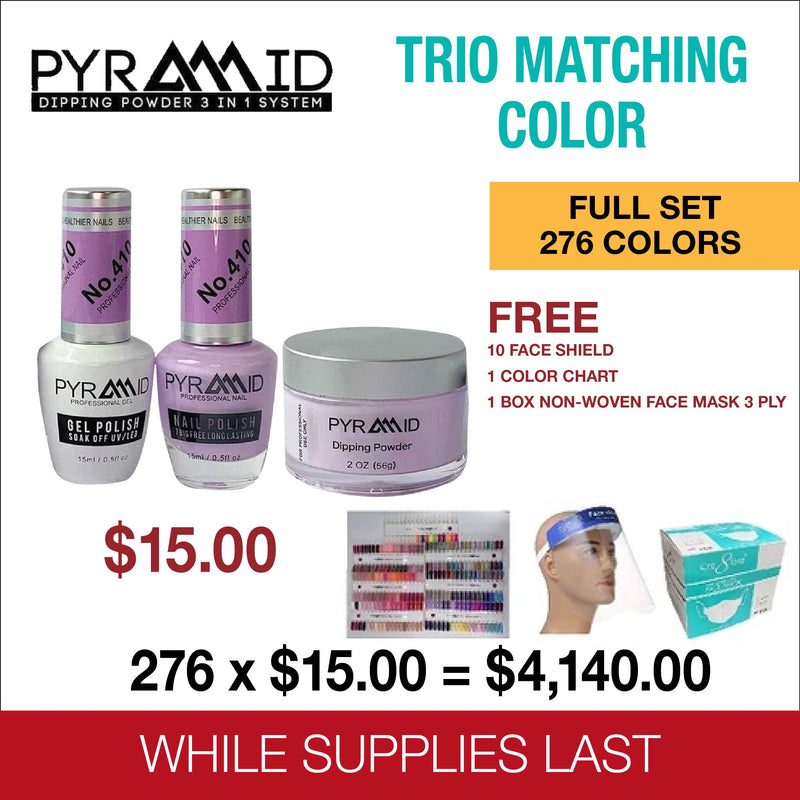 Pyramid Trio Matching Color Full Set of 276 colors - $15.00/each - Free 2 Boxes Non-Woven-Face Mask 3 Ply (30 pcs./box), 10 pcs. Face shield & 1 Color Chart