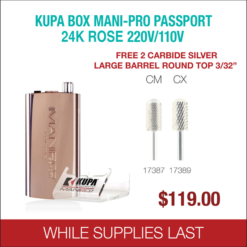 Kupa - BOX Mani-Pro Passport - Rose 220/110V - Free 2 Carbide Silver Large Barrel Round Top 3/32''