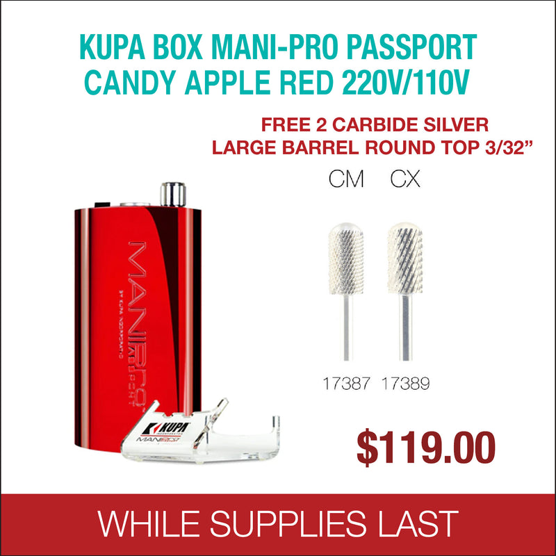 Kupa - BOX Mani-Pro Passport - Candy Apple Red 220/110V - Free 2 Carbide Silver Large Barrel Round Top 3/32''