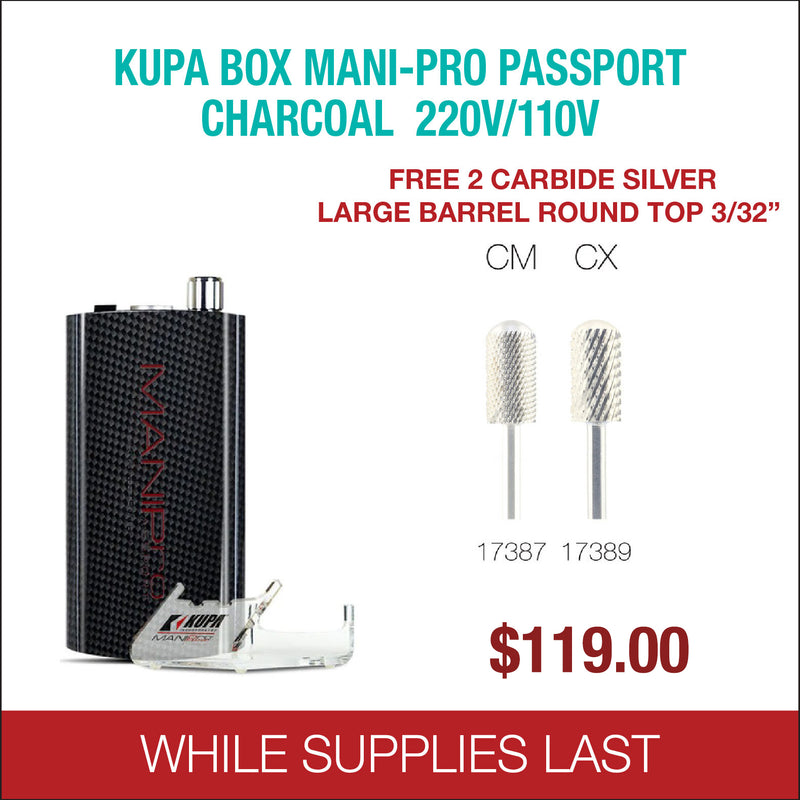 Kupa - BOX Mani-Pro Passport - Charcoal 220/110V - Free 2 Carbide Silver Large Barrel Round Top 3/32''