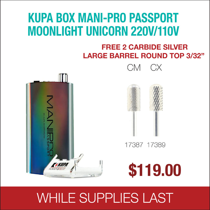 Kupa - BOX Mani-Pro Passport - Moonlight Unicorn 220/110V - Free 2 Carbide Silver Large Barrel Round Top 3/32''